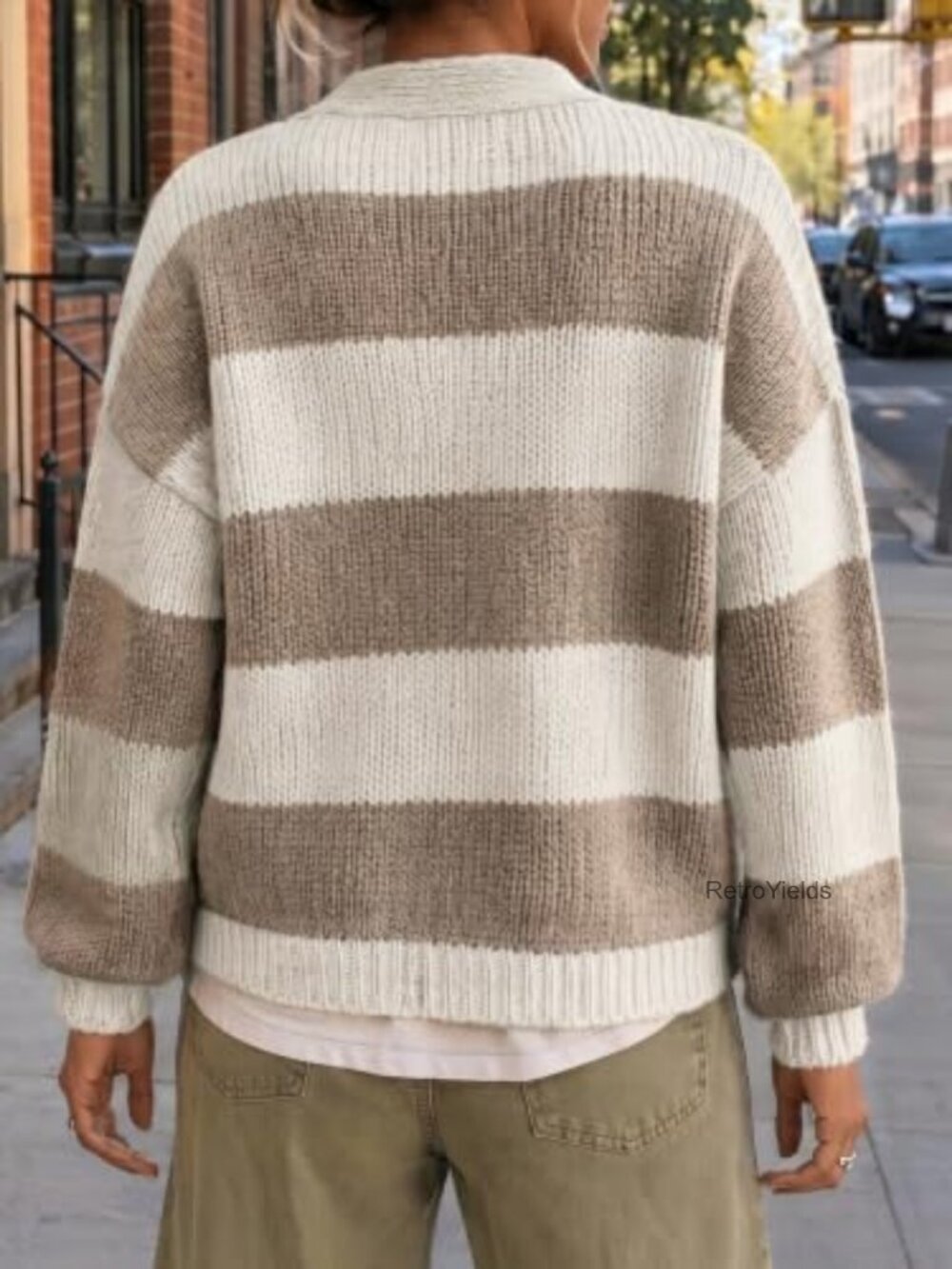 Striped Open Front Cardigan Sweater V-Neck Button Down Knit - Picture 2 of 5